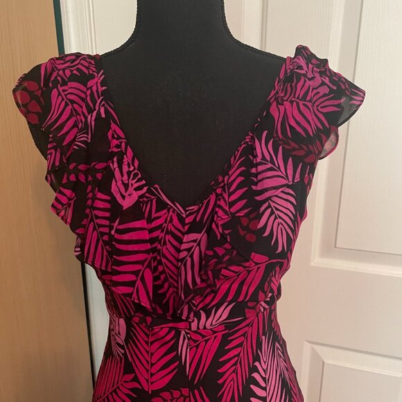 RIXO Antoinette Pink Palm Print Frilly Sleeve 100% Silk Midi Dress (Size S/P) - Picture 5 of 16